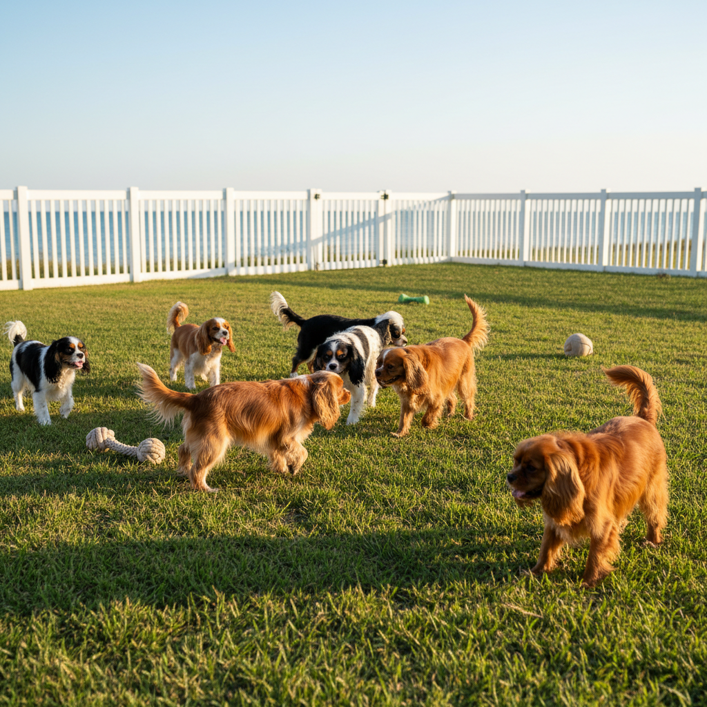 A sunlit, fenced outdoor play area near a coastal setting, featuring several adolescent Cavalier King Charles Spaniels joyfully interacting. Their coats in Blenheim, tricolor, black-and-tan, and ruby shimmer in the light as they trot and sniff around a manicured, lush green lawn. A sturdy, white vinyl fence and a glimpse of calm blue water in the distance suggest a Gulf-shore locale. The environment is spotless, with a few tasteful, neutral-toned dog-safe toys scattered around. Late afternoon golden-hour sunlight bathes the scene, casting long, soft shadows and warm highlights on the dogs’ silky fur. Shot at a slightly low angle with moderate depth of field, the photographic composition feels vibrant yet controlled, underscoring ethical, active, and happy living conditions.
