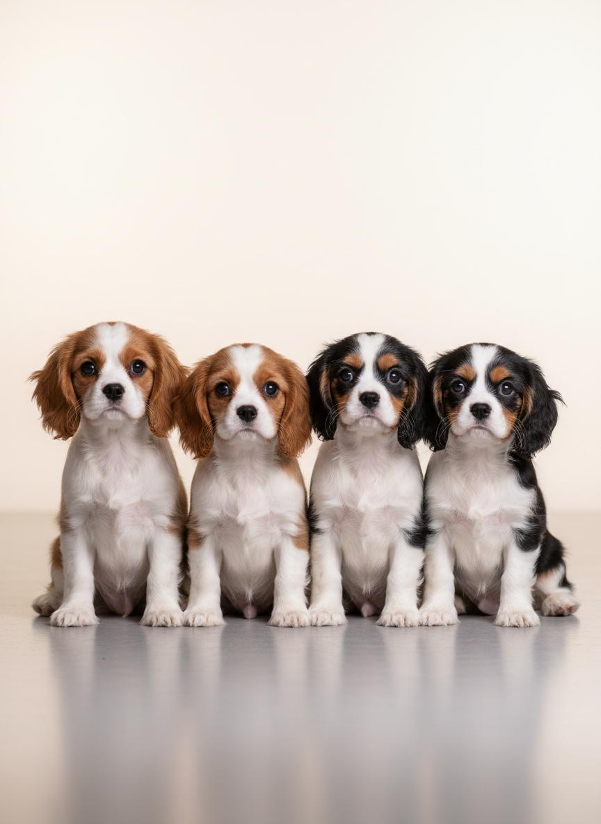 A small group of well-groomed Cavalier King Charles Spaniel puppies in classic Blenheim and tricolor coats, sitting attentively on a spotless light gray studio floor. Their silky ears, expressive dark eyes, and soft feathering on paws and tails are captured in crisp photographic detail. The background is a gently blurred, warm white gradient that keeps the focus on the puppies. Soft, even studio lighting from the front creates natural catchlights in their eyes and subtle shadows beneath them. Shot at eye level with a shallow depth of field, the composition is centered and uncluttered, conveying a professional, trustworthy, and welcoming atmosphere ideal for a premium breeder’s homepage hero image.