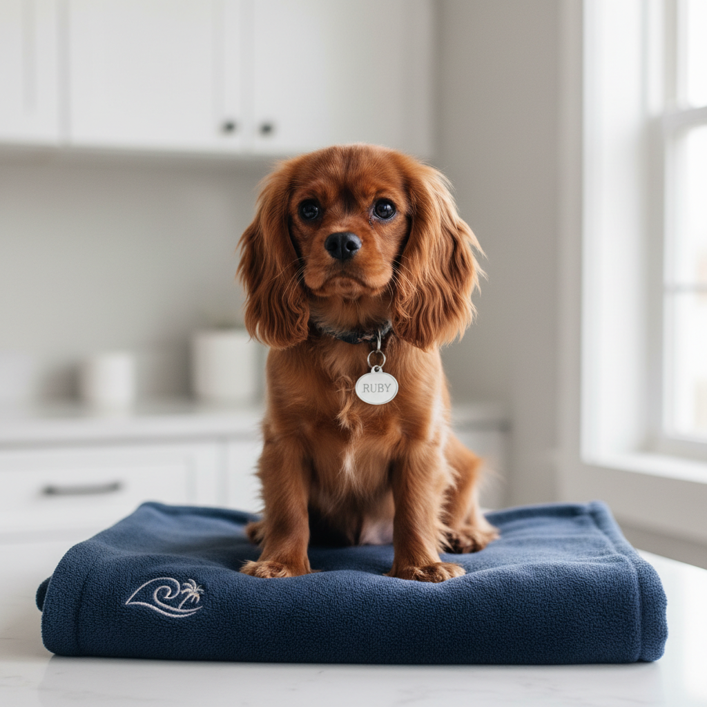 A single Cavalier King Charles Spaniel puppy with a rich ruby coat and glossy, wavy fur, sitting on a neatly folded navy-blue blanket embroidered with a small, tasteful Gulfshore-style logo. The puppy’s head is slightly tilted, ears framing its face, with a polished stainless-steel name tag resting against its chest. The scene is set in a bright, minimal indoor space with a softly blurred background hinting at clean white cabinetry. Natural daylight from a nearby window provides gentle side lighting, adding depth and soft shadows. Photographic realism, composed using the rule of thirds with a shallow depth of field, creates a calm, professional mood perfect for emphasizing individual puppies for sale.