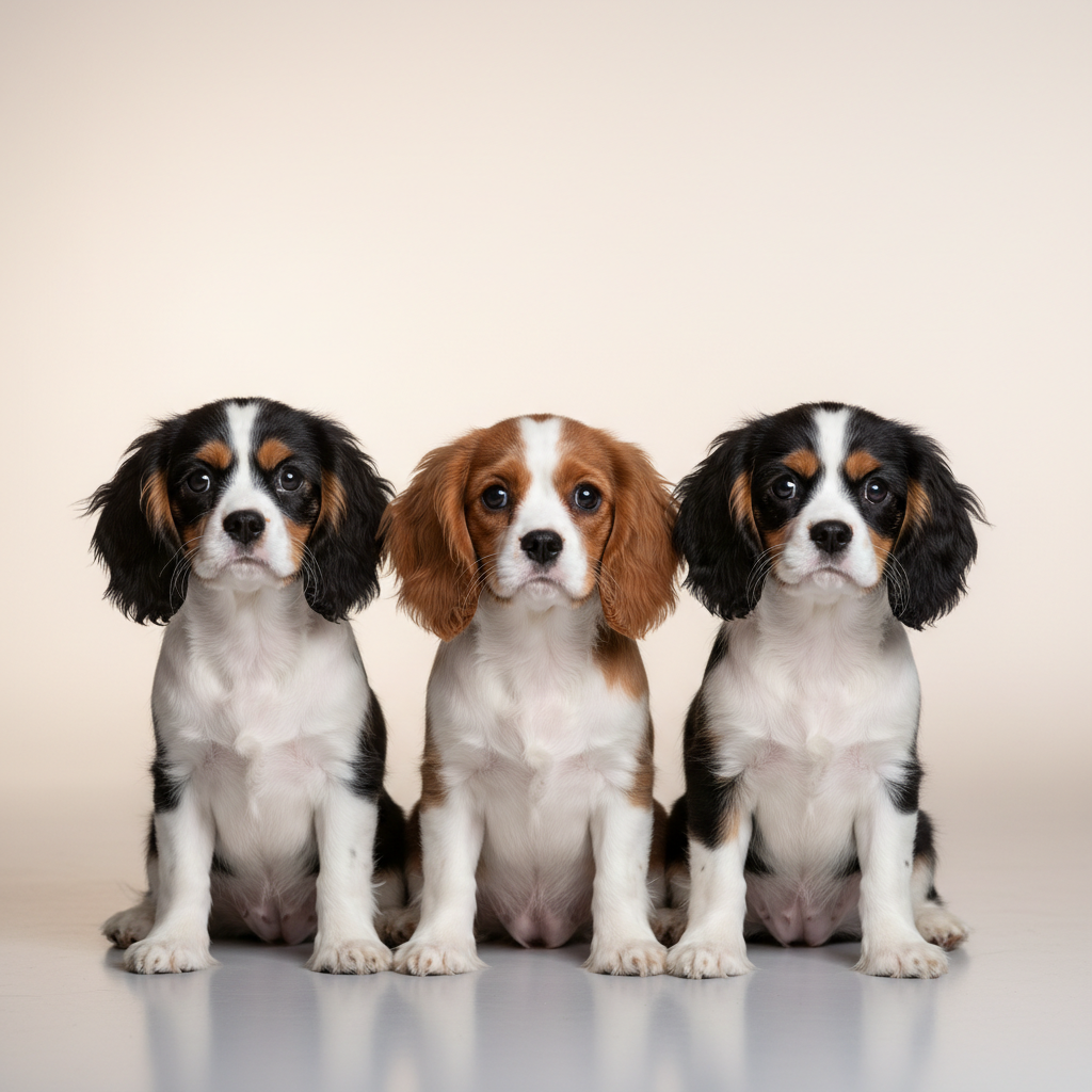 A small group of well-groomed Cavalier King Charles Spaniel puppies in classic Blenheim and tricolor coats, sitting attentively on a spotless light gray studio floor. Their silky ears, expressive dark eyes, and soft feathering on paws and tails are captured in crisp photographic detail. The background is a gently blurred, warm white gradient that keeps the focus on the puppies. Soft, even studio lighting from the front creates natural catchlights in their eyes and subtle shadows beneath them. Shot at eye level with a shallow depth of field, the composition is centered and uncluttered, conveying a professional, trustworthy, and welcoming atmosphere ideal for a premium breeder’s homepage hero image.