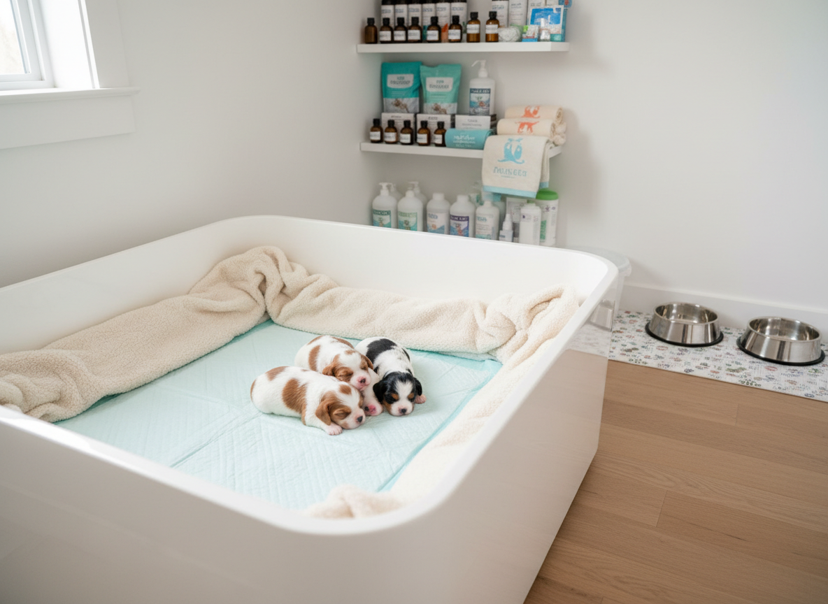 A polished, coastal-inspired whelping area designed for Cavalier King Charles Spaniels, featuring a pristine white whelping box with smooth rounded edges, lined with a pale aqua waterproof pad and plush cream blankets. Inside, several tiny newborn puppies with varying Blenheim and black-and-tan markings sleep closely together. The surrounding room is tidy and modern, with organized shelves holding labeled, high-quality puppy care supplies and stainless-steel bowls. Soft, diffused daylight enters from an unseen window, producing even, natural lighting with minimal shadows. Shot from a slightly elevated angle with sharp focus throughout, the photographic image communicates meticulous care standards, professionalism, and a serene, hygienic environment for responsible breeding.