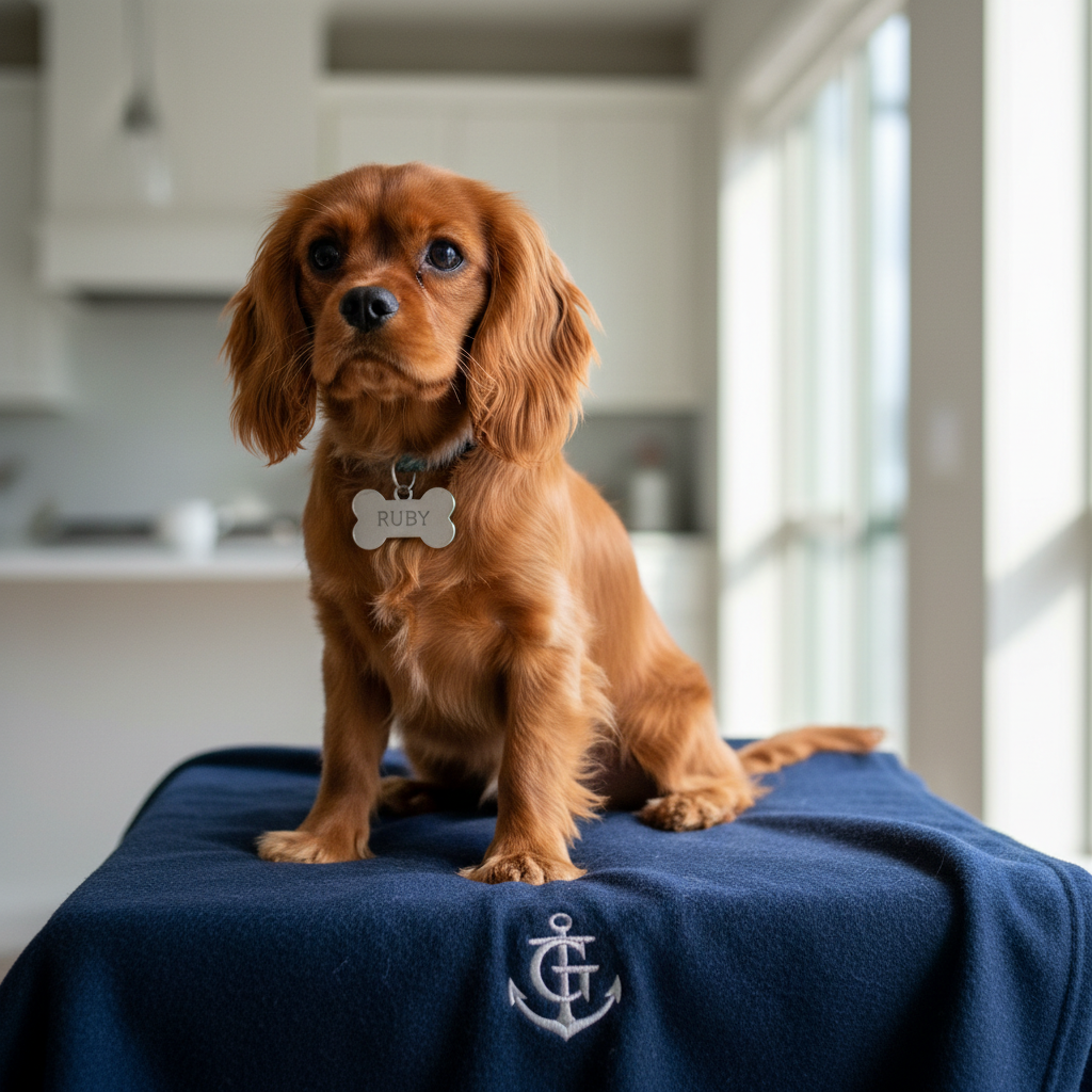 A single Cavalier King Charles Spaniel puppy with a rich ruby coat and glossy, wavy fur, sitting on a neatly folded navy-blue blanket embroidered with a small, tasteful Gulfshore-style logo. The puppy’s head is slightly tilted, ears framing its face, with a polished stainless-steel name tag resting against its chest. The scene is set in a bright, minimal indoor space with a softly blurred background hinting at clean white cabinetry. Natural daylight from a nearby window provides gentle side lighting, adding depth and soft shadows. Photographic realism, composed using the rule of thirds with a shallow depth of field, creates a calm, professional mood perfect for emphasizing individual puppies for sale.