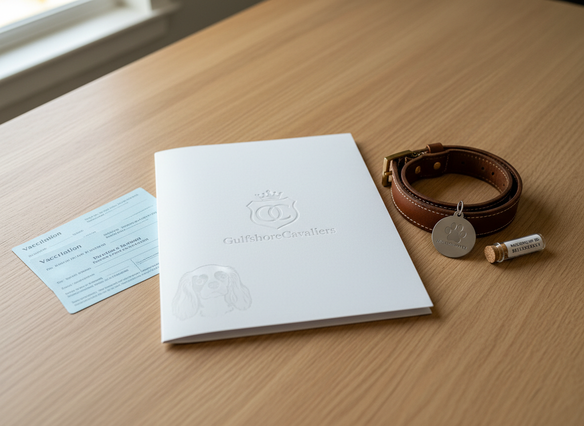 A clean, modern presentation of a Cavalier King Charles Spaniel puppy health and pedigree kit arranged on a light oak tabletop. In the center rests a crisp white folder embossed with an elegant GulfshoreCavaliers emblem, surrounded by neatly stacked vaccination record cards, a high-quality leather collar, a brushed stainless-steel identification tag, and a small clear vial labeled for microchip information. A faint outline of a Cavalier silhouette decorates the folder. Soft overhead lighting and subtle window light from the side create gentle reflections on metal surfaces and a warm, professional glow. Photographic realism with a slightly elevated, centered composition and moderate depth of field conveys organization, trustworthiness, and comprehensive care documentation.