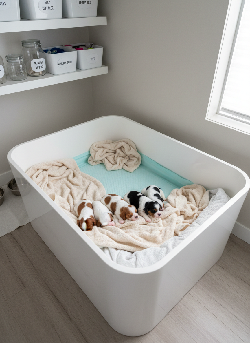A polished, coastal-inspired whelping area designed for Cavalier King Charles Spaniels, featuring a pristine white whelping box with smooth rounded edges, lined with a pale aqua waterproof pad and plush cream blankets. Inside, several tiny newborn puppies with varying Blenheim and black-and-tan markings sleep closely together. The surrounding room is tidy and modern, with organized shelves holding labeled, high-quality puppy care supplies and stainless-steel bowls. Soft, diffused daylight enters from an unseen window, producing even, natural lighting with minimal shadows. Shot from a slightly elevated angle with sharp focus throughout, the photographic image communicates meticulous care standards, professionalism, and a serene, hygienic environment for responsible breeding.